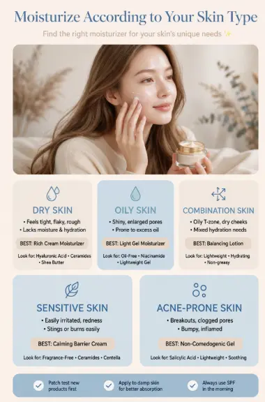 Guide to choosing moisturizer by skin type showing how to make my skin beautiful.   